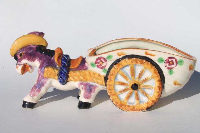 vintage Italian ceramic donkey cart planter pot, hand-painted pottery