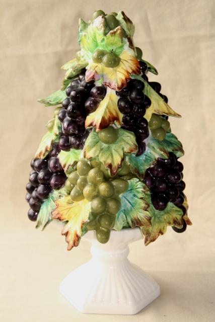 vintage Italian ceramic grapes fruit pyramid, table centerpiece obelisk tower topiary