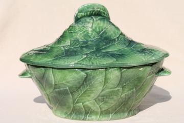 vintage Italian ceramic soup tureen covered bowl, majolica style rose leaf hand painted Italy