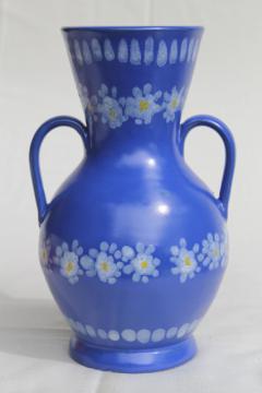 vintage Italian ceramic vase, daisies on blue hand-painted pottery made in Italy