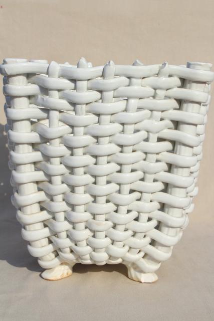 vintage Italian ceramic wastebasket, glossy white basketweave trash can or plant holder