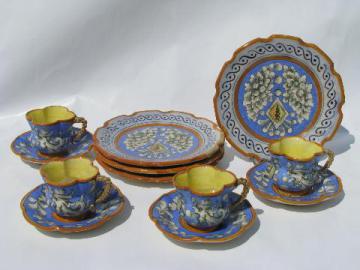 vintage Italian hand-painted earthenware pottery, demitasse coffee / dessert set for 4