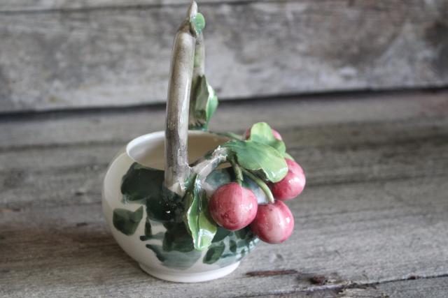 vintage Italian majolica pottery basket w/ cherries, Capodimonte style