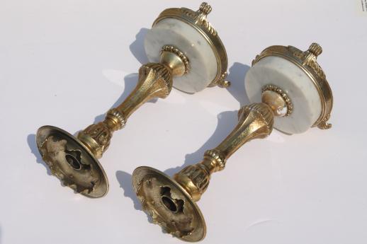 vintage Italian marble / ornate gold metal candlesticks w/ etched glass shades