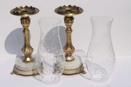 vintage Italian marble / ornate gold metal candlesticks w/ etched glass shades