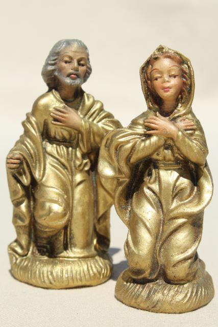 vintage Italian nativity set scene creche figures, 60s mod gold Christmas decorations made in Italy