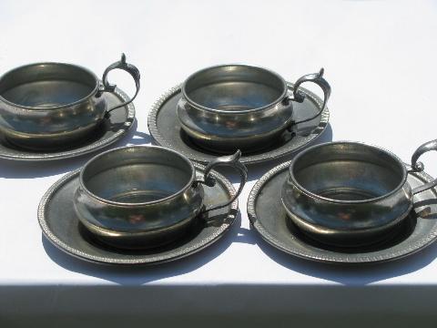 vintage Italian pewter expresso cups & saucers, tiny demitasse cup holders