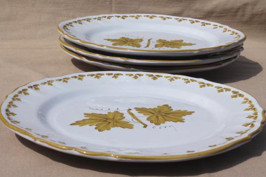 vintage Italian pottery dishes, hand-painted green grape leaves dinner plates Made in Italy
