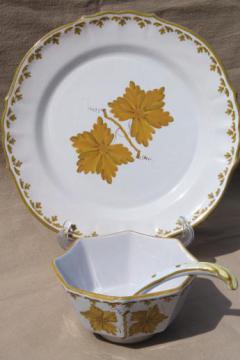 vintage Italian pottery dishes, hand-painted green grape leaves sauce dish set Made in Italy