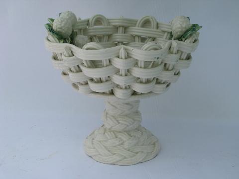 vintage Italian pottery, pair pedestal compote fruit bowls w/ ceramic raspberries