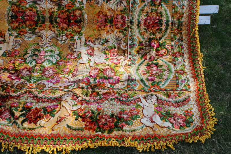 vintage Italian rayon cotton velvet plush drapery / wall hanging tapestry, roses, putti cherubs