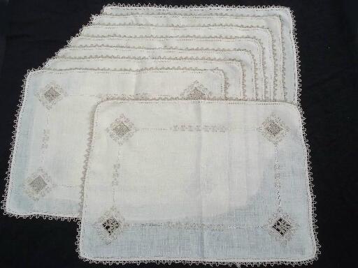 vintage Italian reticella placemats, very fine flax handkerchief linen