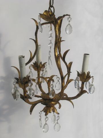 vintage Italian tole candle chandelier wall sconce light, gilt metal w/ glass prisms