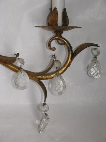 vintage Italian tole gold candelabra, five candle electric wall sconce light w/ glass teardrop prisms