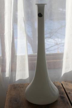 vintage Italy hand blown glass vase w/ tall mod bottle shape, white opalescent milk glass
