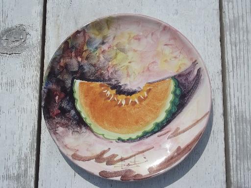 vintage Italy hand-painted pottery plates, Italian peasant village fruit