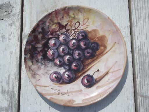 vintage Italy hand-painted pottery plates, Italian peasant village fruit