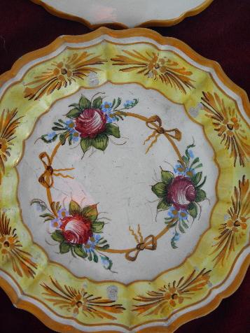 vintage Italy, large set pottery plates, hand-painted Italian ceramic, bright flowers