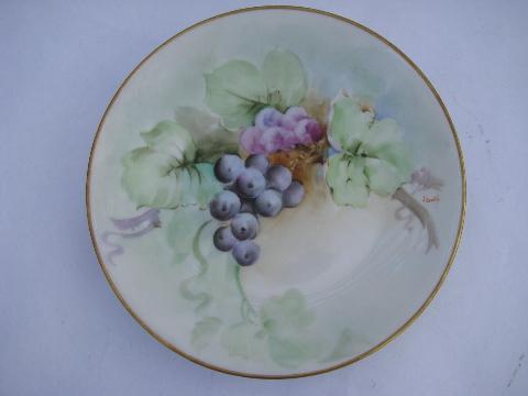 vintage Italy, set of six hand-painted & signed Italian china plates, purple grapes