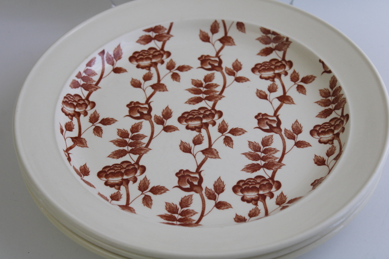 vintage J&G Meakin Climbing Gardens roses floral dinner plates, rust brown transferware on cream