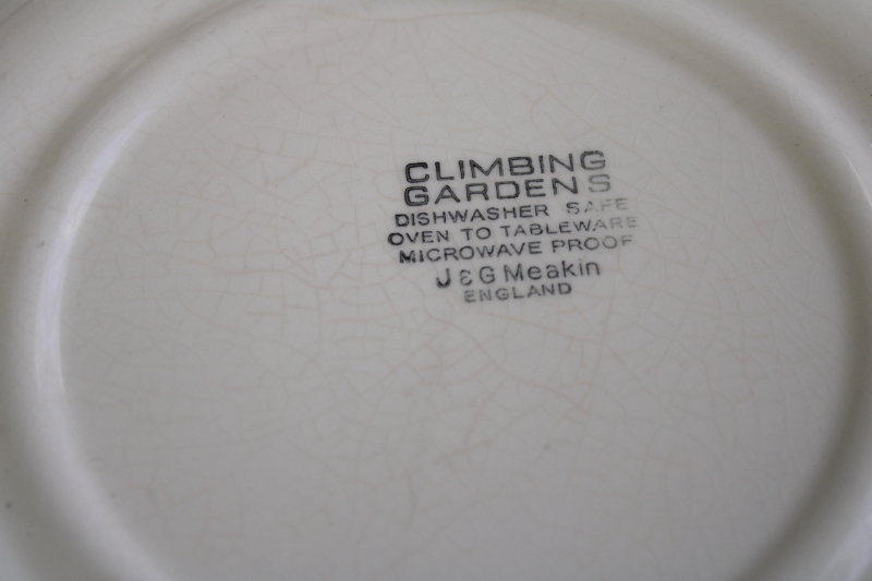 vintage J&G Meakin Climbing Gardens roses floral dinner plates, rust brown transferware on cream