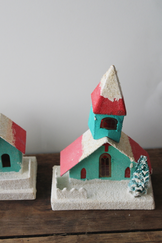 vintage Japan Christmas village putz houses, churches lot, cardboard w/ mica snow  sponge trees