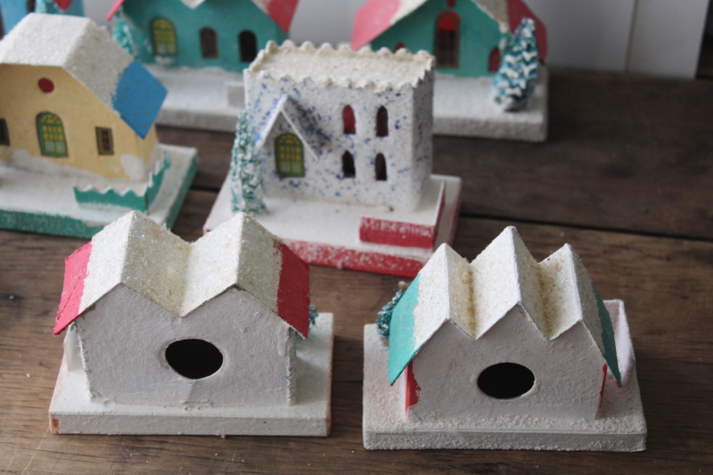 vintage Japan Christmas village putz houses, churches lot, cardboard w/ mica snow  sponge trees