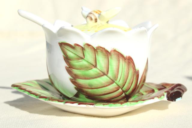 vintage Japan Lefton china bee and flower honey pot or jam jar, hand painted ceramic