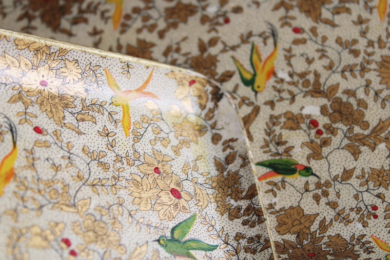 vintage Japan alcohol proof paper mache cocktail trays, tiny birds  gold scrolls florentine style