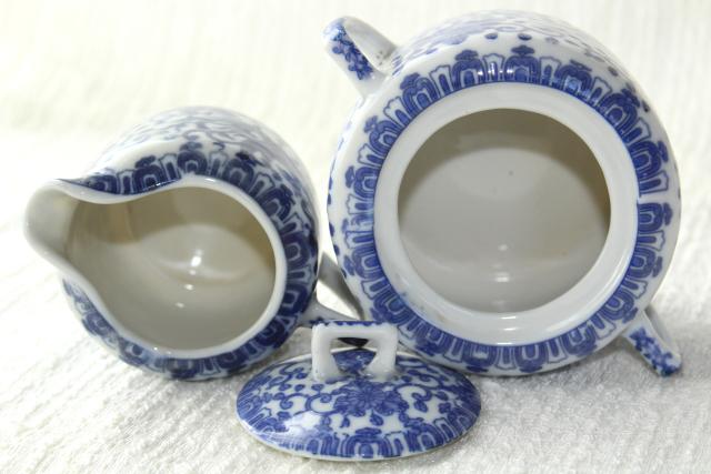 vintage Japan blue & white china cream pitcher & sugar bowl set Phoenix ware birds pattern