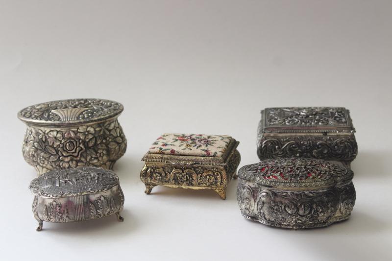 vintage Japan cast metal jewelry boxes, velvet lined trinket box collection