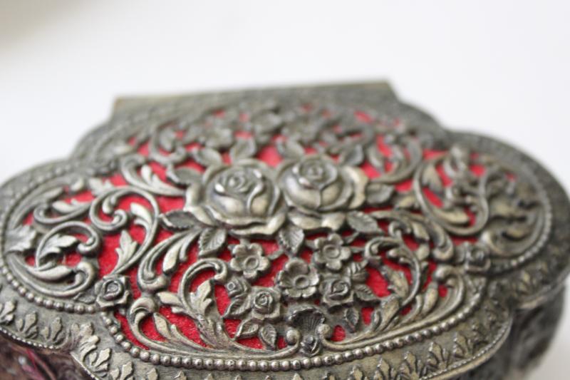 vintage Japan cast metal jewelry boxes, velvet lined trinket box collection