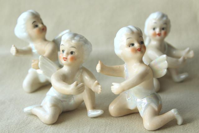 vintage Japan ceramic candle huggers, little girl pixie angels w/ white hair & wings