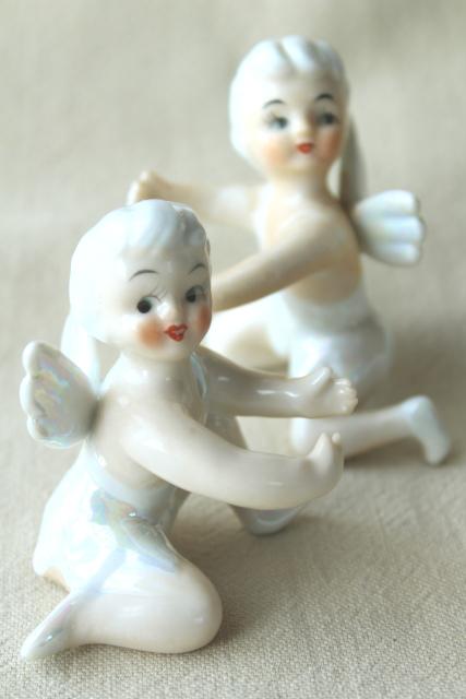 vintage Japan ceramic candle huggers, little girl pixie angels w/ white hair & wings
