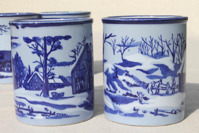 vintage Japan ceramic coffee mugs, blue & white Currier & Ives mug set