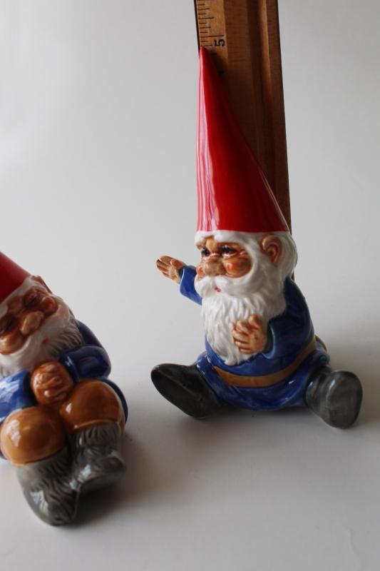 vintage Japan ceramic gnome S&P shakers, Book of Gnomes figurines