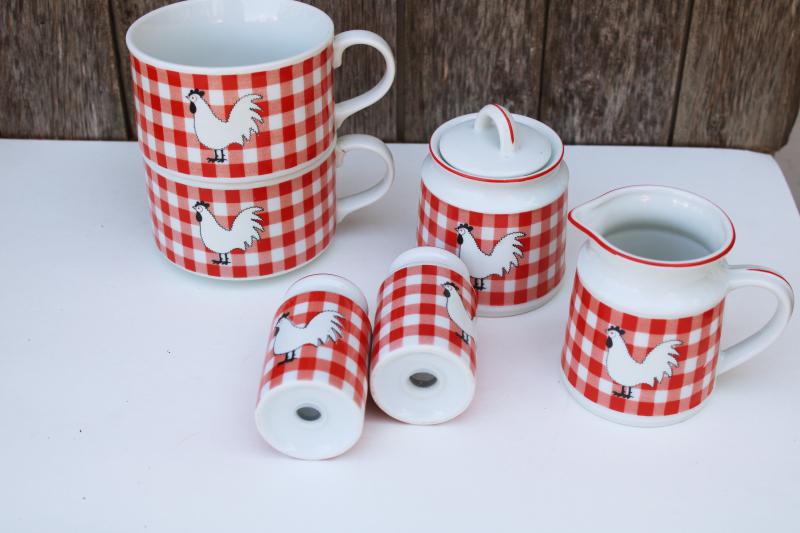 vintage Japan ceramic kitchen set, rooster / red gingham S&P, soup mugs, cream & sugar
