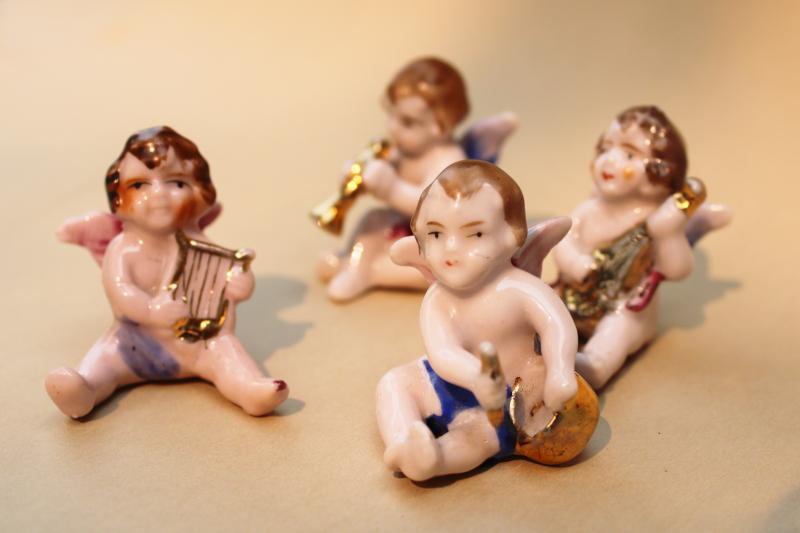 vintage Japan cherub angels miniature china figurines, baby angel band w/ musical instruments