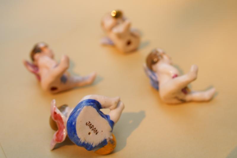vintage Japan cherub angels miniature china figurines, baby angel band w/ musical instruments