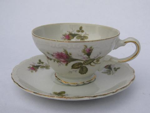 vintage Japan china cups & saucers, old moss rose pattern porcelain