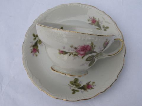 vintage Japan china cups & saucers, old moss rose pattern porcelain