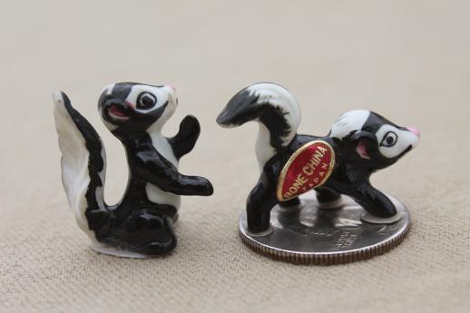 vintage Japan china figurine miniatures, tiny bone china animals, family of skunks