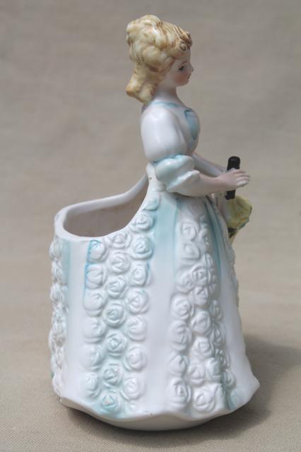 vintage Japan china lady figurine, Cinderella blue & white pretty girl w/ parasol