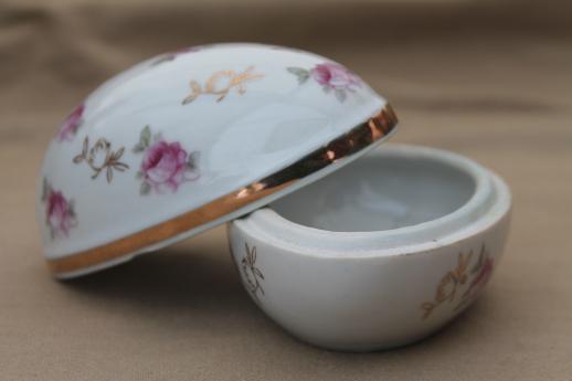 vintage Japan china trinket box, Easter egg shaped porcelain box w/ pink roses