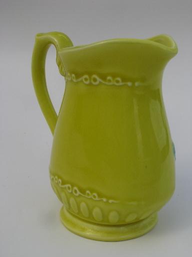 vintage Japan cream pitcher, majolica style flowers on chartreuse yellow