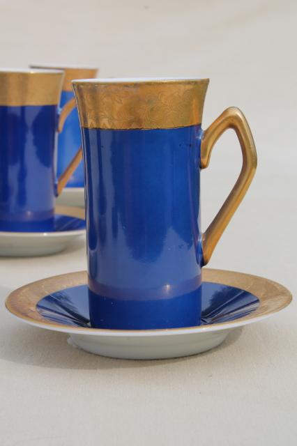 vintage Japan fine china espresso set, coffee pot & tall cups in cobalt blue w/ gold