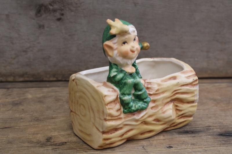 vintage Japan hand painted ceramic planter pot, green gnome w/ bird on log 