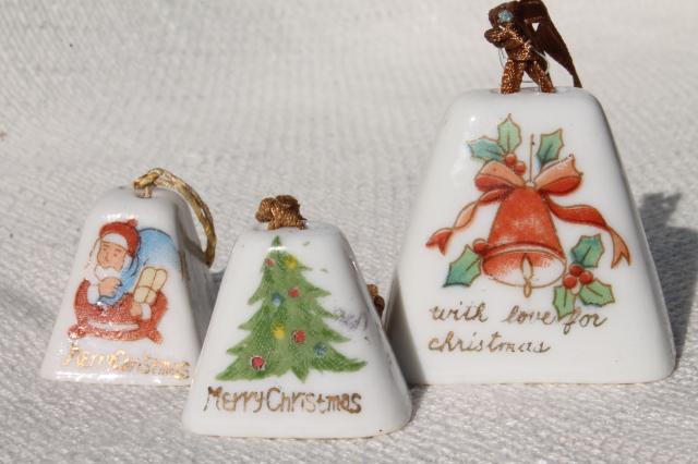 vintage Japan hand painted china Christmas ornaments, mini porcelain bells for holiday decoration