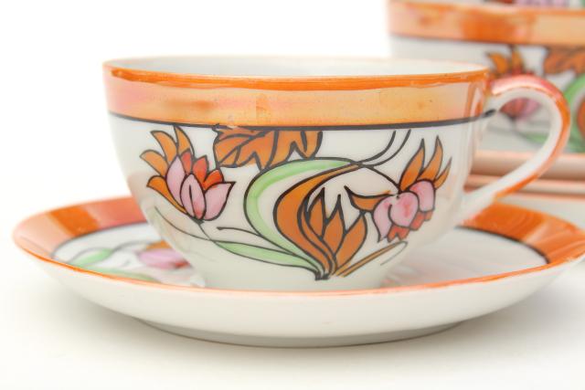 vintage Japan hand painted china tea cups & saucers, art deco style floral orange luster