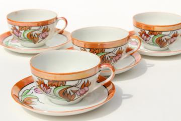 vintage Japan hand painted china tea cups & saucers, art deco style floral orange luster